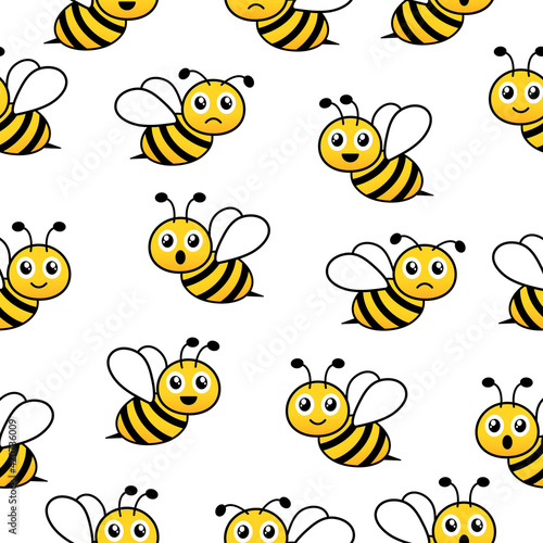 Seamless pattern with flying bees. Vector cartoon black and yellow bees isolated on white background. © Віталій Баріда