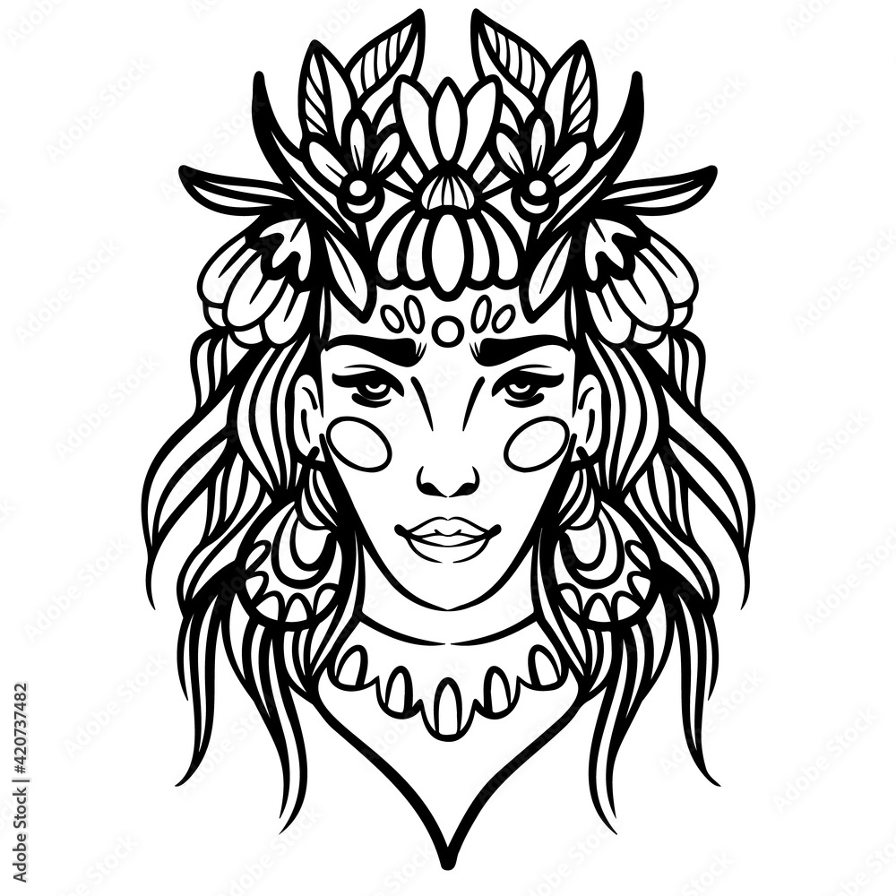 Stylized portrait of a beautiful girl with flowers in her hair drawn by lines. Vector illustration. Minimalistic portrait of a woman in ethnic style. Stylized portrait of a beautiful girl with flowers in her hair drawn by lines. Vector illustration. Minimalistic portrait of a woman in ethnic style.