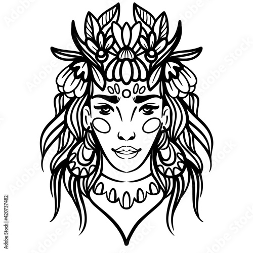 Stylized portrait of a beautiful girl with flowers in her hair drawn by lines. Vector illustration. Minimalistic portrait of a woman in ethnic style.