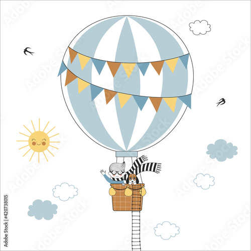 Little Boy Aeronaut in Hot-air balloon vector illustration. Aviator Birthday Party design. Cute cartoon boy kid character hot air ballooning in sunny sky.