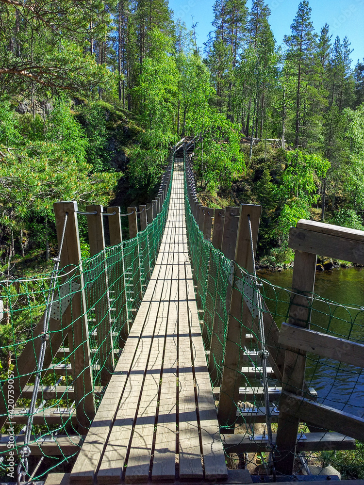 Vertical shot of suspension bridge over Yattumutka river in Oulanka National Park in summer