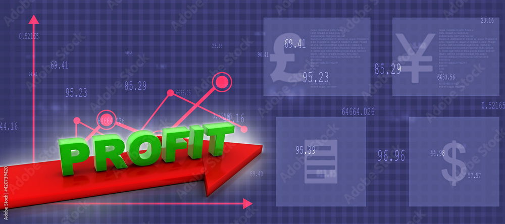 3d rendering Profit text chart and arrow 