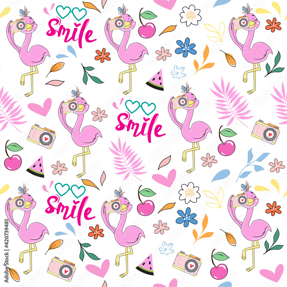 Cute summer stickers with flamingo with camera seamless pattern. Funny cartoon animals for t-shirt design, greeting card, baby shower Cute summer stickers with flamingo with camera seamless pattern. Funny cartoon animals for t-shirt design, greeting card, baby shower
