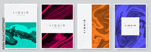 Artistic poster design with marble textured effect. Colorful liquid acrylic paint vector background. Abstract fluid art backdrop. Ideal for cover, placard, flyer, banner, greeting card, package.