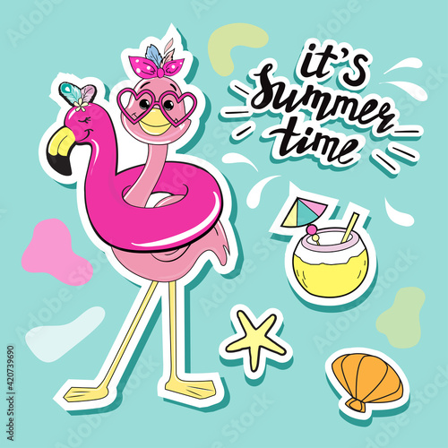 Funny summer flamingo on an inflatable flamingo. Vector illustration. Fashion patches badges