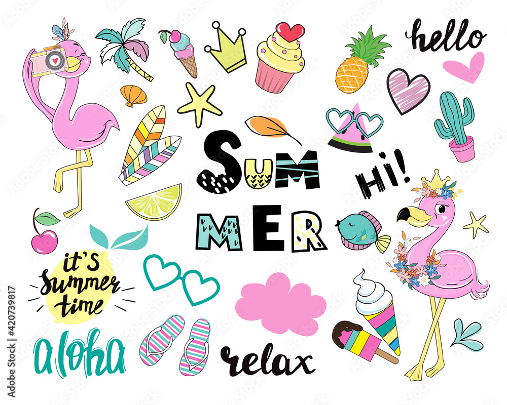 Set of summer flamingos stickers, leaves and summer items. Vector illustration of funny animals for t-shirt