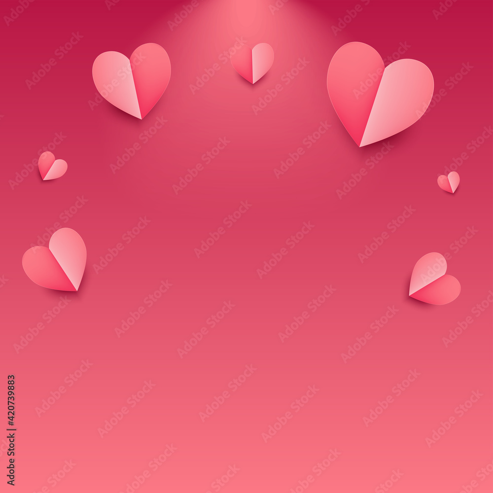 Pink blank abstract background with realistic 3d paper cut hearts. Vector symbols of love. Empty studio. Valentine's day greeting card, banner, flyer, invitation, template. Romantic wedding design. 