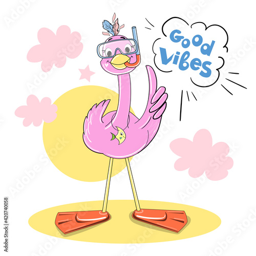 Beautiful pink summer flamingo with swimming mask and inscription Good vibes. Vector cartoon illustration