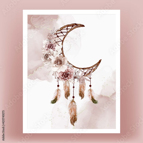 Watercolor dream catcher flower brown terracotta feather