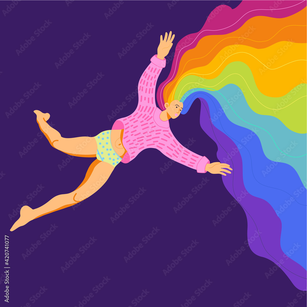 Girl with rainbow hair flying in the night sky