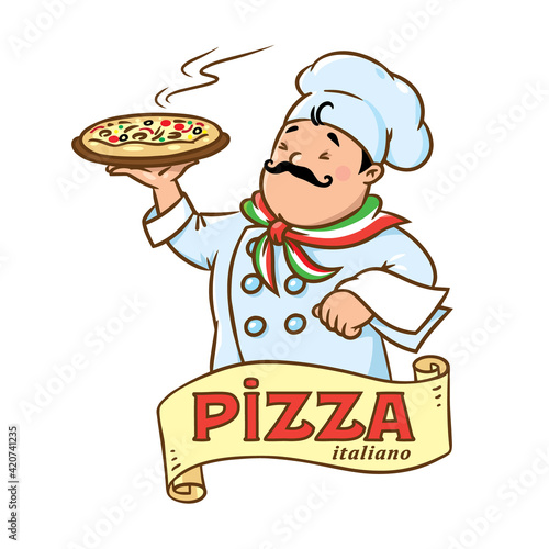 Funny italian chef with pizza. Emblem design