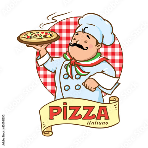 Funny italian chef with pizza. Emblem design