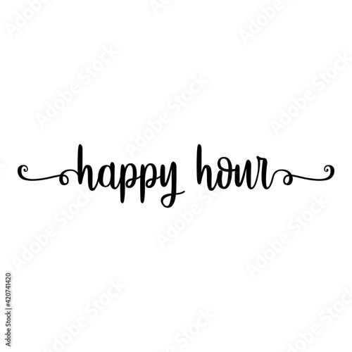 Banner con texto manuscrito happy hour escrito a mano con florituras en color negro