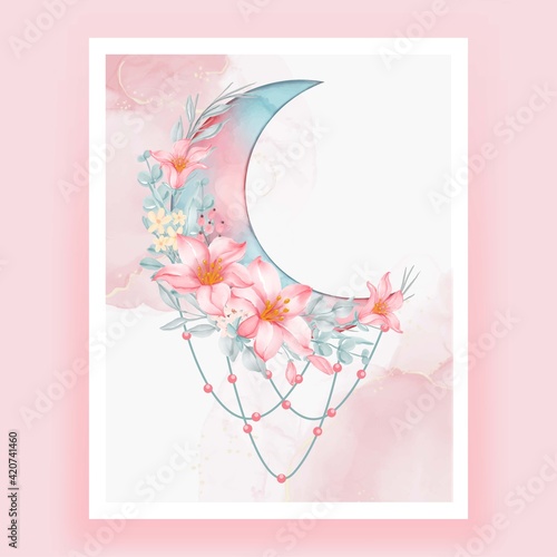 Watercolor half moon with pink peach flower