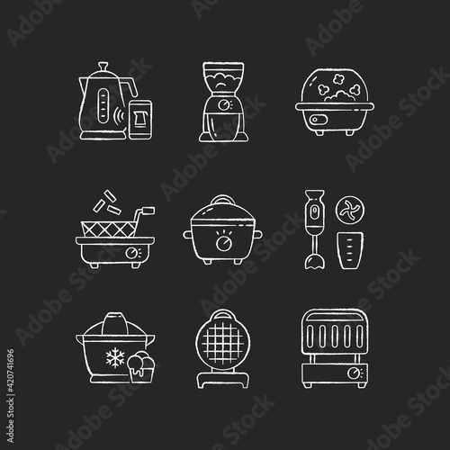 Electric cooking devices chalk white icons set on black background. Coffee grinder. Popcorn maker. Smart kettle. Electronic grill. Ice cream machine. Isolated vector chalkboard illustrations