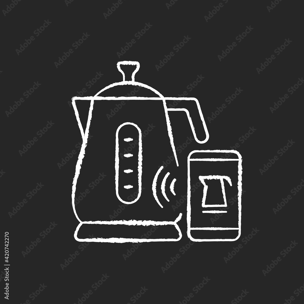 Smart kettle chalk white icon on black background. Device for brewing tea. IoT gadget. Utensil automation. Small kitchen appliance. Innovative technology. Isolated vector chalkboard illustration Smart kettle chalk white icon on black background. Device for brewing tea. IoT gadget. Utensil automation. Small kitchen appliance. Innovative technology. Isolated vector chalkboard illustration