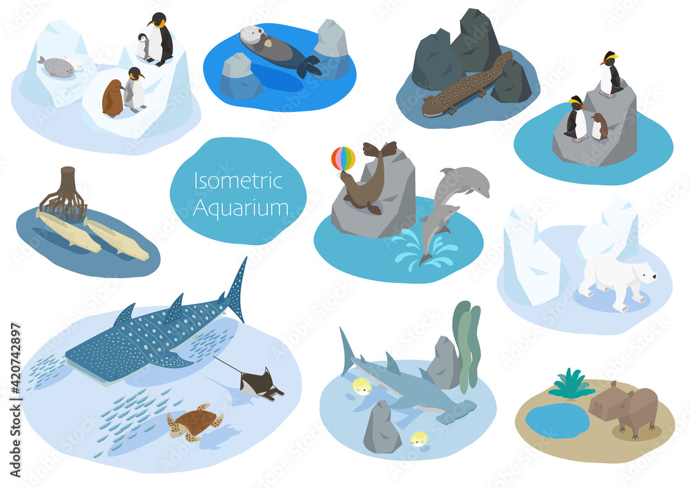 水族館にいる可愛い海の生き物たちのアイソメイラスト Stock Vector Adobe Stock