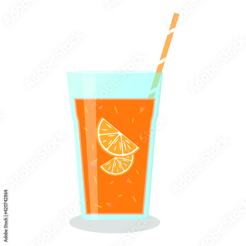 Vector illustration of a glass with a smoothie and fruits slices on white background. Healthy food and drinks. 