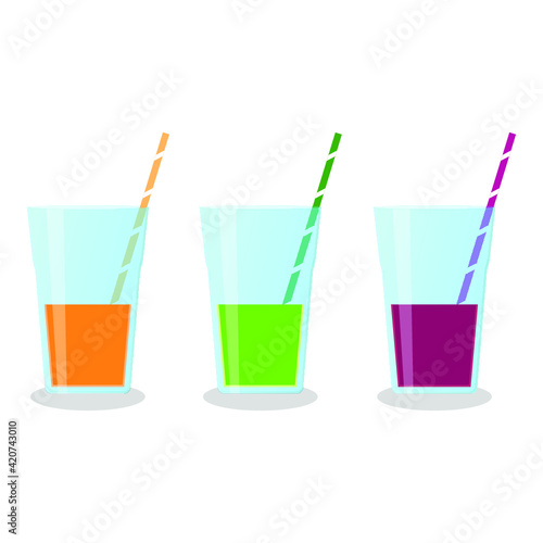 Vector illustration of glasses with smoothies and straws on white background. Healthy food and drinks. 
