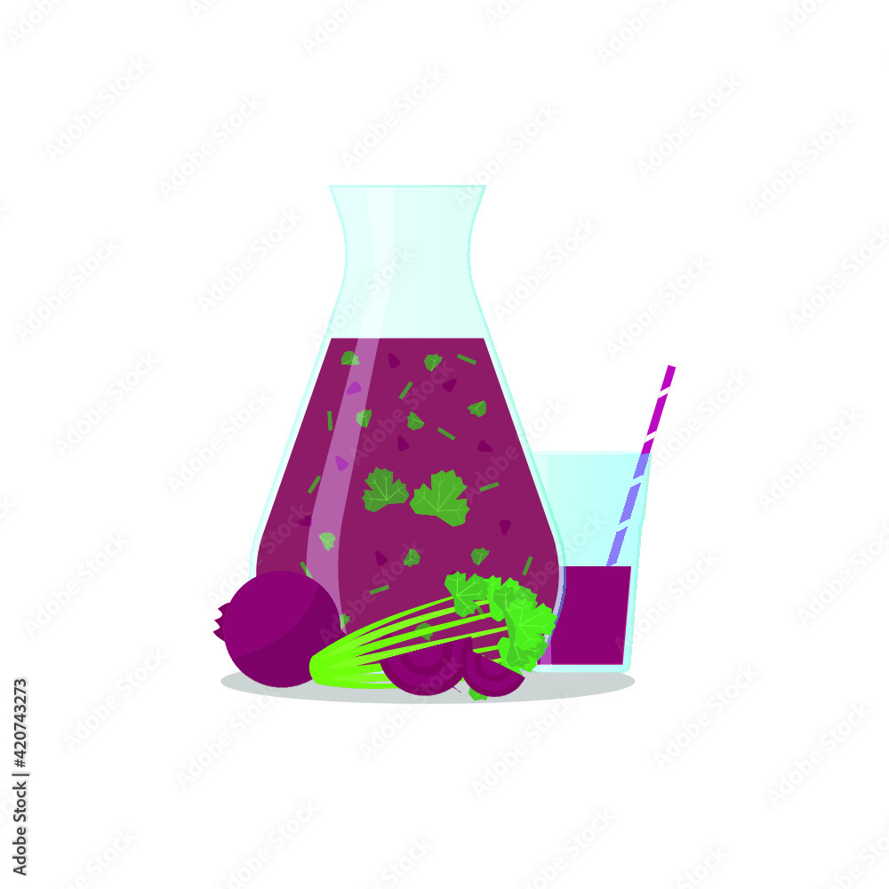 Vector illustration of a smoothie jug, a glass with a smoothie and a straw and vegetables on white background. Healthy food and drinks. Vector illustration of a smoothie jug, a glass with a smoothie and a straw and vegetables on white background. Healthy food and drinks.