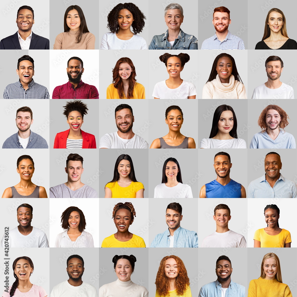Faces Of Multicultural Young People On Light Gray Backgrounds, Collage Faces Of Multicultural Young People On Light Gray Backgrounds, Collage