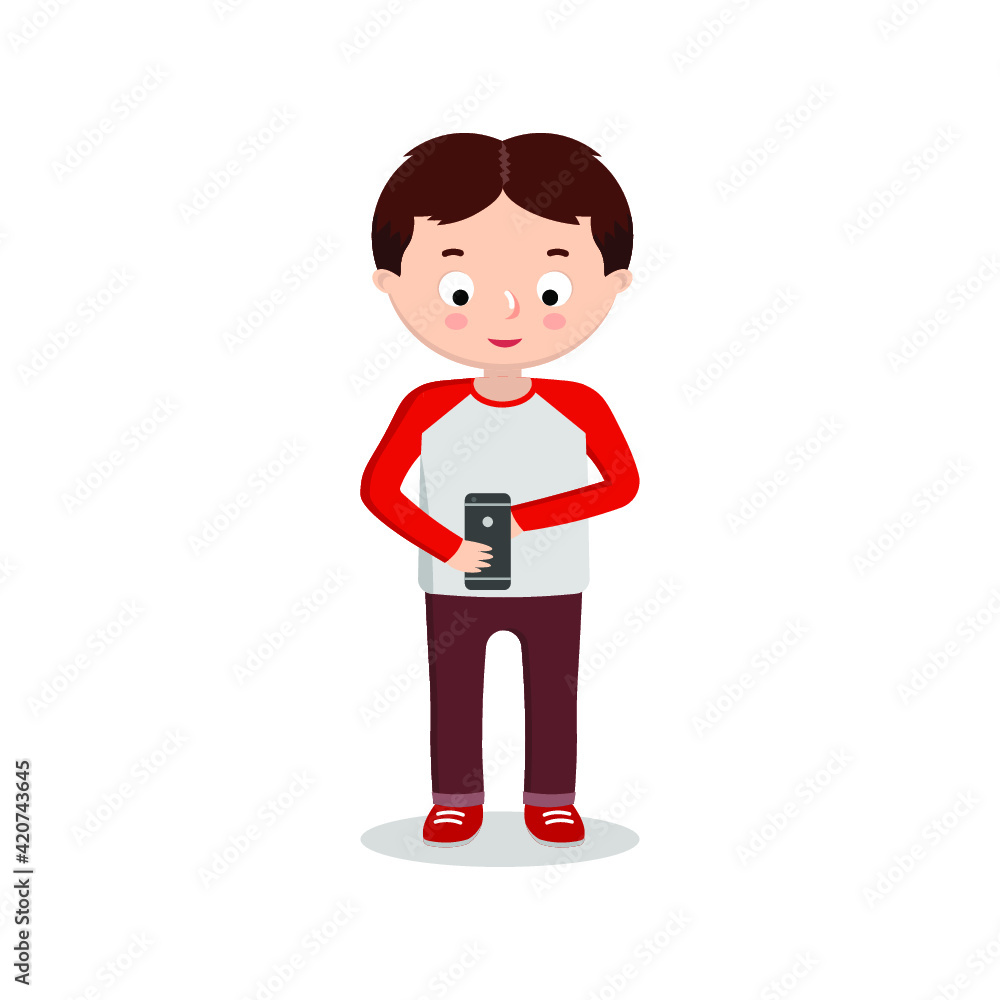 Vector illustration of a kid that uses a smartphone on white background.