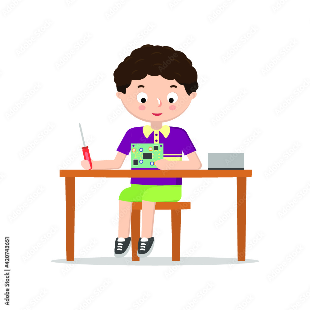 Vector illustration of a kid that is creating a motherboard on white background. Vector illustration of a kid that is creating a motherboard on white background.