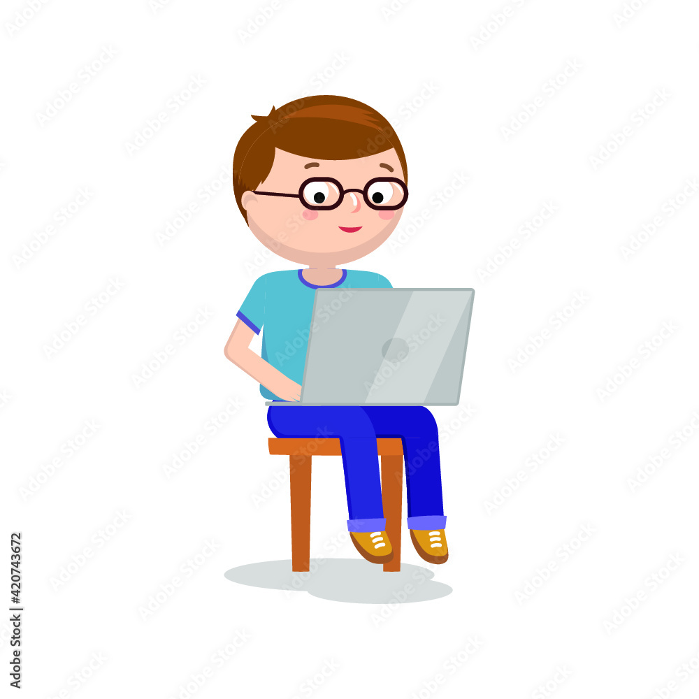 Vector illustration of a kid that uses a laptop on white background. Vector illustration of a kid that uses a laptop on white background.