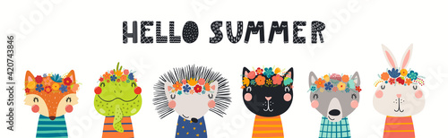 Cute funny animal faces in flower crowns, floral wreathes, isolated on white. Hand drawn vector illustration. Scandinavian style flat design. Concept for kids fashion print, banner, poster, card.