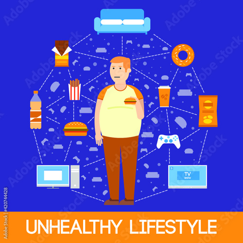 Vector illustration of unhealthy stuff on blue background. Unhealthy lifestyle and its attributes.