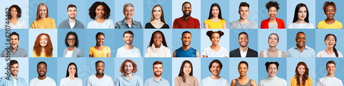 Portrait Collage Of Multiple Happy People Posing Over Blue Backgrounds