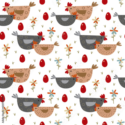 Seamless Easter pattern and hens, eggs, flowers. Suitable for Easter design.