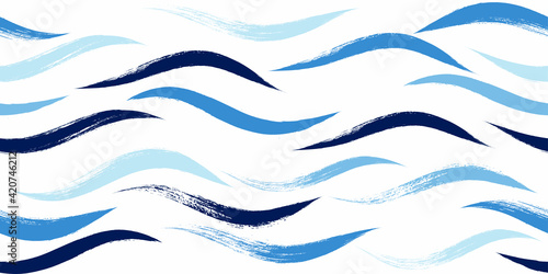 Seamless Wave Pattern, Hand drawn water sea modern vector background. Wavy beach brush stroke, curly grunge paint lines, watercolor illustration