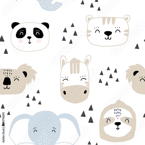 Photography Seamless kids pattern with cute animals faces