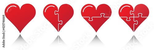 Red heart set with puzzle pieces. Variation of love hearts illustration and broken hearts isolated on white.
