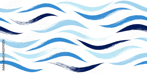 Seamless Wave Pattern, Hand drawn water sea modern vector background. Wavy beach brush stroke, curly grunge paint lines, watercolor illustration