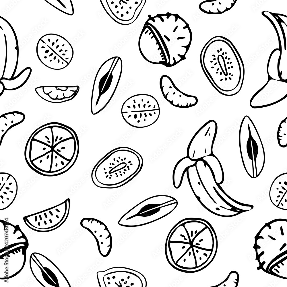 Exotic fruits seamless pattern. Fruit picking. Vector illustration of fruits for design of menus, recipes and product packages.