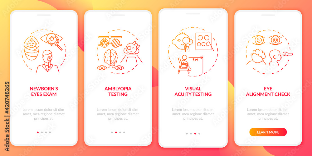 Eye screening for children onboarding mobile app page screen with concepts. Visual acuity testing walkthrough 4 steps graphic instructions. UI vector template with RGB color illustrations Eye screening for children onboarding mobile app page screen with concepts. Visual acuity testing walkthrough 4 steps graphic instructions. UI vector template with RGB color illustrations