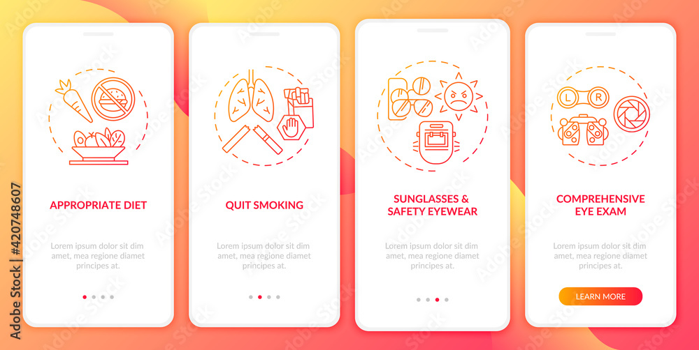 Naklejka premium Eye health tips onboarding mobile app page screen with concepts. Sunglasses and safety eyewear walkthrough 4 steps graphic instructions. UI vector template with RGB color illustrations
