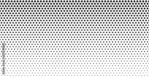 Halftone dot. Seamless border pattern. Fade gradient. Background dots. Point noise texture. Overlay effect. Gradation opacity transition. Half tone polka. Pop art polkadot design. Dotted poka. Vector