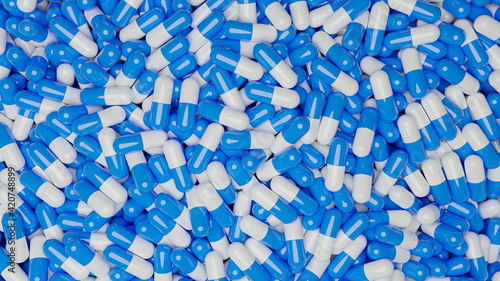 Blue and white capsules production. Pharmaceutical and medicine business concept. 3D rendering