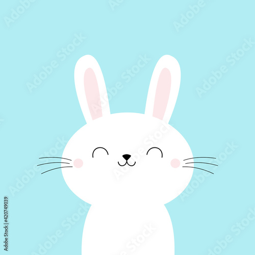 Bunny rabbit face. Happy Easter. Cute cartoon kawaii funny smiling baby character. Long ears. Farm animal collection. Spring greeting card. Flat design. Blue background. Isolated.