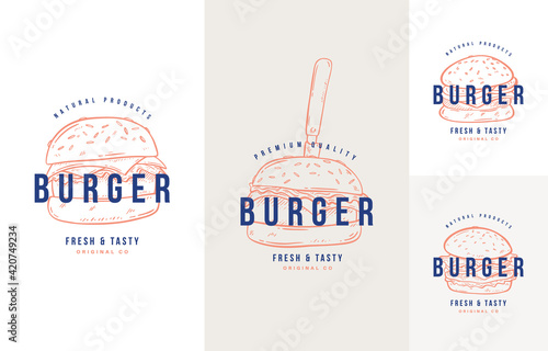 Hand drawn burger set, illustrated logo or emblem, sticker