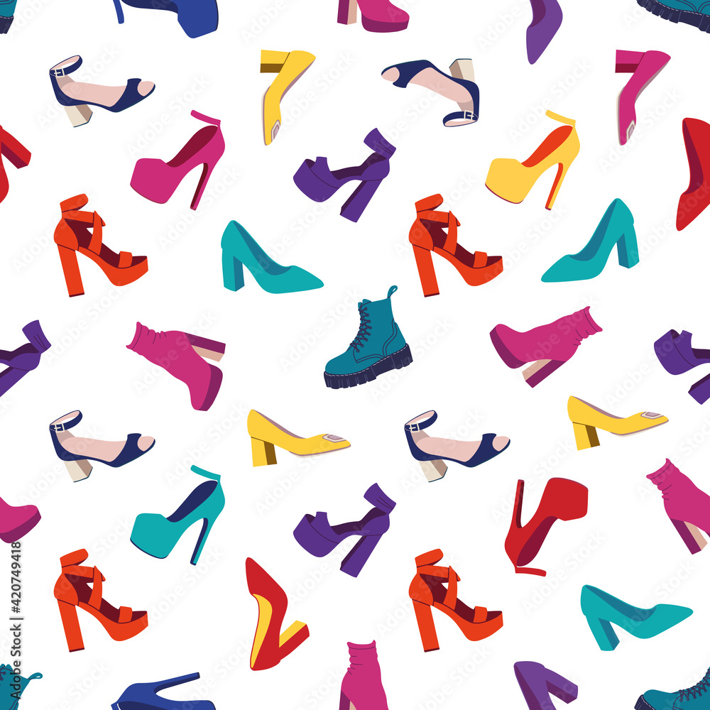 Seamless pattern with women's shoes.Fashion High-heeled Shoes, Boots, Sandals. Flat vector illustration