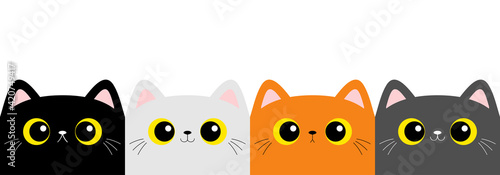 Cat kitten square head face set line. Cute cartoon character. Kawaii baby pet animal. Pink ears, nose. Yellow eyes. Notebook cover, tshirt, greeting card print. Flat design. White background.