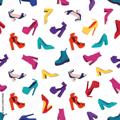 Seamless pattern with women s shoes.Fashion High-heeled Shoes  Boots  Sandals. Flat vector illustration