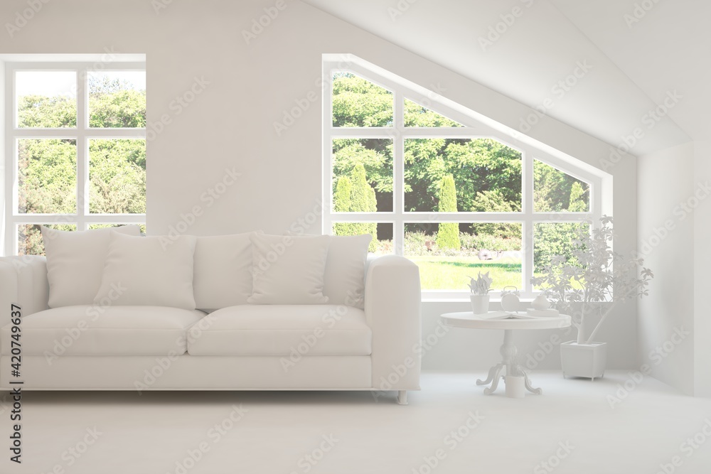 White minimalist living room with sofa. Scandinavian interior design. 3D illustration White minimalist living room with sofa. Scandinavian interior design. 3D illustration