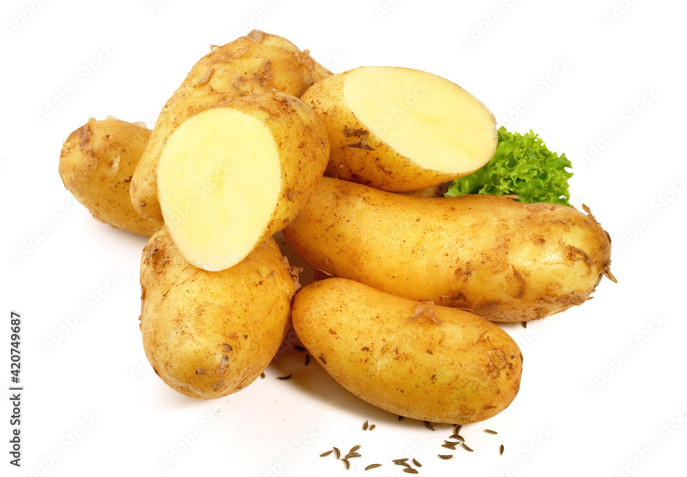 Fresh Vegetables - Washed New Potatoes with Caraway Seeds on white Background Isolated Fresh Vegetables - Washed New Potatoes with Caraway Seeds on white Background Isolated