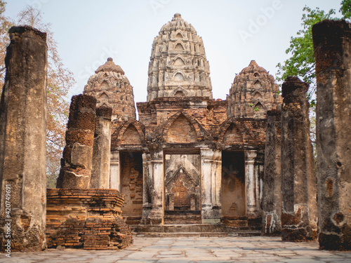 old temple and old pagoda at Sukhothai  Thailand in March 13 2021