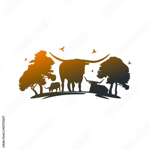 Longhorn Texas Cattle Silohouette Illustration. Scene Landmark with Trees Design Vector. 